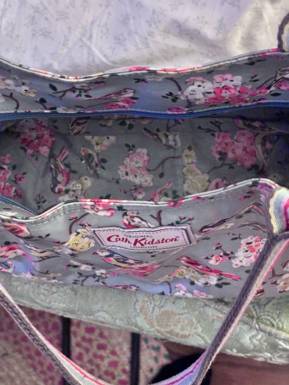 Cath Kidston Gray Floral Bird Print Tote with Pink Accents - Picture 4 of 5